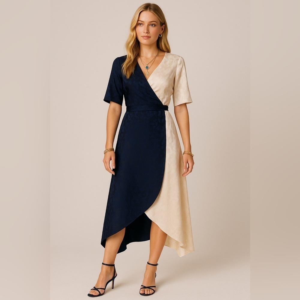 Anuk Luxury Shaana Silk Jacquard Wrap Dress Womens Sz S/M Midnight Blue & Bone